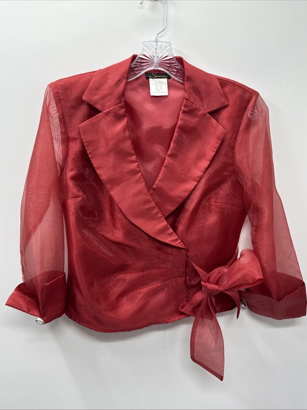 Serene Women Size 6 Red Sheer Organza Wrap Blouse Jacket Jeweled Formal Y2K